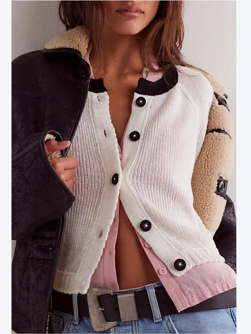 We The Free Lili Linen Cardi Cardigan Sweater Large Boho Black/White Combo